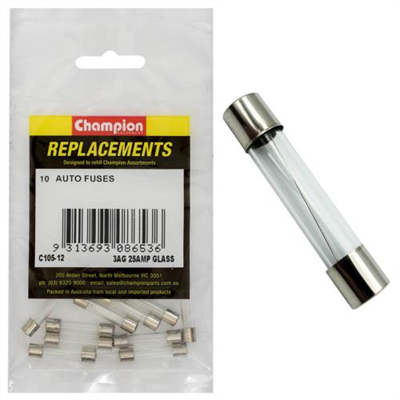 Champion 3Ag 25 Amp Glass Fuse -10pk