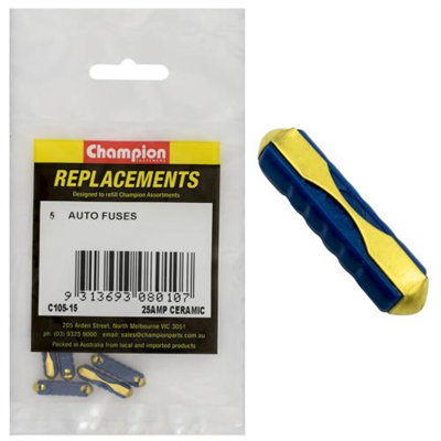 Champion 6Ac 25Amp Ceramic (Euro) Fuse -5pk