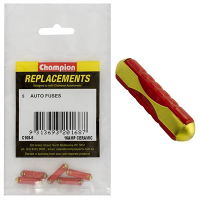 Champion 6Ac 16Amp Ceramic (Euro) Fuse -5pk