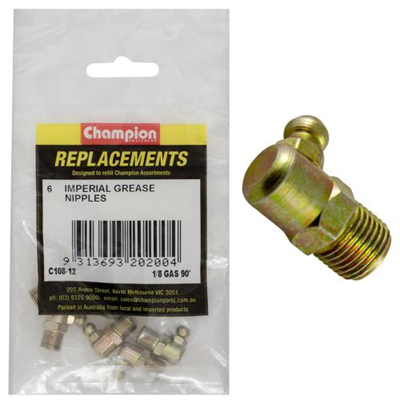 Champion 1/8in BSP (Gas) 90-Deg. Grease Nipple -6pk