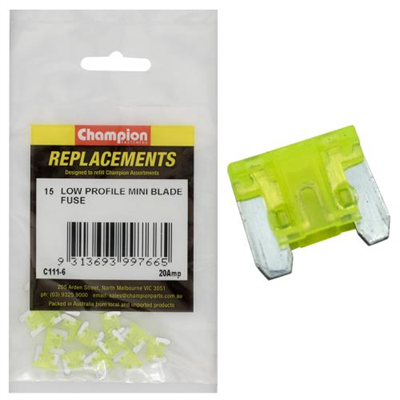 Champion 20Amp Low Profile Mini Blade Fuse (Yellow) -15pk