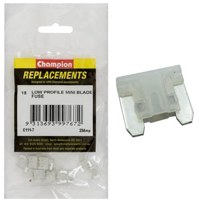 Champion 25Amp Low Profile Mini Blade Fuse (Clear) -15pk
