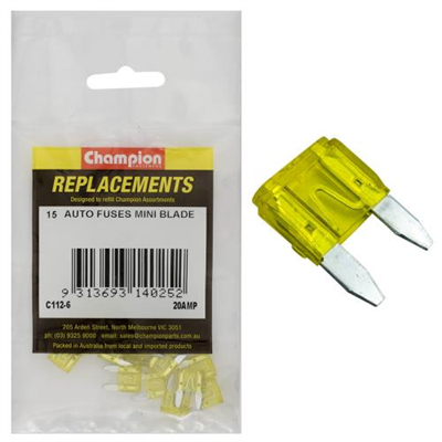 Champion 20Amp Mini Blade Fuse (Yellow) -15pk