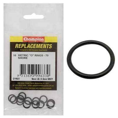 Champion 9mm (I.D.) x 2mm Metric O-Ring -10pk