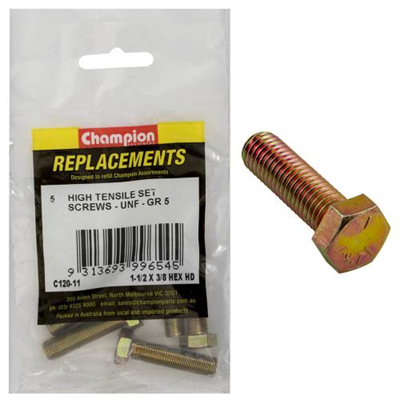 Champion 3/8in x 1-1/2in UNF Set Screw -Gr5 -5pk