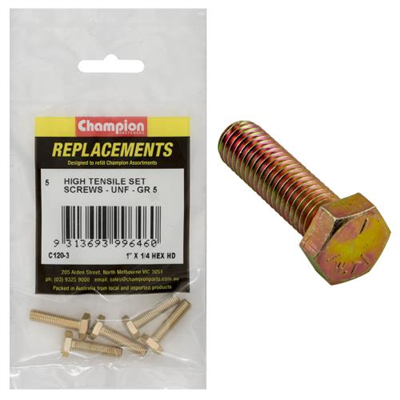 Champion 1/4in x 1in UNF Set Screw -Gr5 -5pk