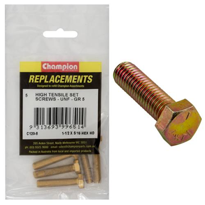 Champion 5/16in x 1-1/2in UNF Set Screw -Gr5 -5pk