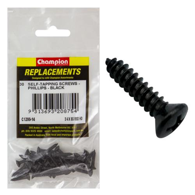 Champion 8G x 3/4in S/Tapping Screw Raised Head Ph Blk -30pk