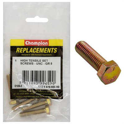 Champion 5/16in x 1-1/2in UNC Set Screw -Gr5 -5pk