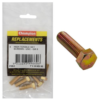 Champion 3/8in x 1in UNC Set Screw -Gr5 -5pk
