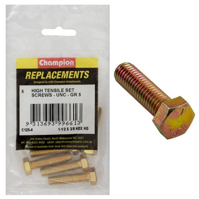 Champion 3/8in x 1-1/2in UNC Set Screw -Gr5 -5pk