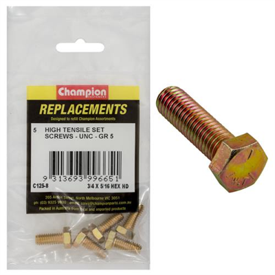 Champion 5/16in x 3/4in UNC Set Screw -Gr5 -5pk