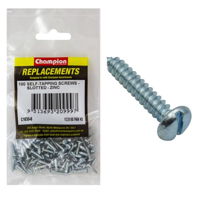 Champion 6G x 1/2in S/Tapping Screw Pan Head Slot -100pk