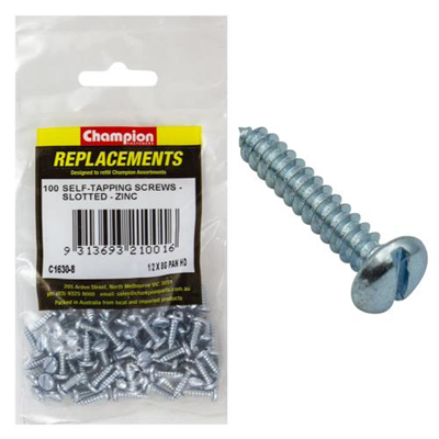 Champion 8G x 1/2in S/Tapping Screw Pan Head Slot -100pk