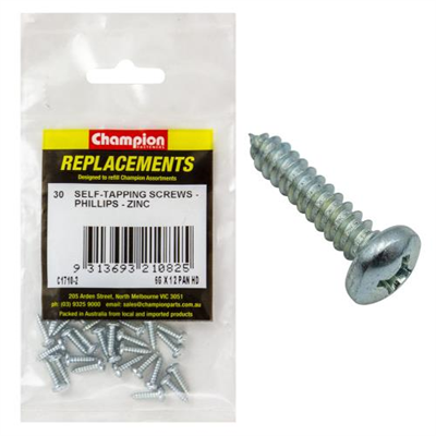 Champion 6G x 1/2in S/Tapping Screw Pan Head Phillips - 30pk
