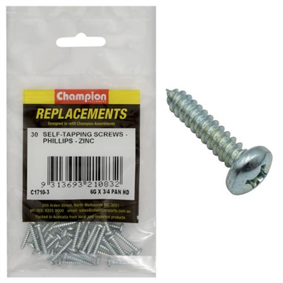 Champion 6G x 1in S/Tapping Screw Pan Head Phillips(Zn)-30pk