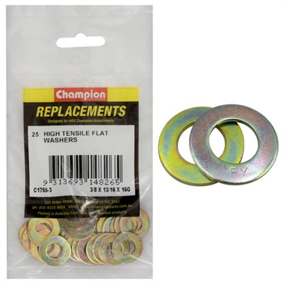 Champion 3/8in x 13/16in x 16G Ht Flat Steel Washer(Zn)-25pk