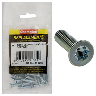 Champion M6 x 25mm Machine Screw -Csk -Tx -25pk