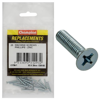 Champion M3 x 20mm Machine Screw -Csk -Ph -25pk