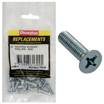 Champion M6 x 20mm Machine Screw -Csk -Ph -25pk