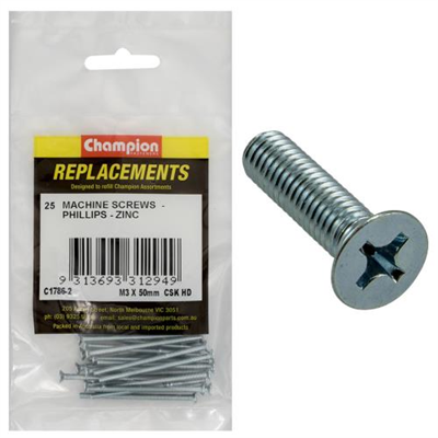 Champion M3 x 50mm Machine Screw -Csk -Ph -25pk