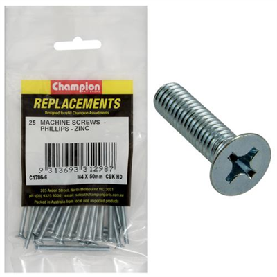 Champion M4 x 50mm Machine Screw -Csk -Ph -25pk