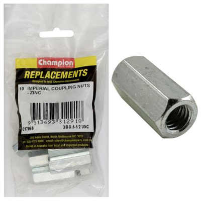 Champion 3/8in x 1-1/2in UNC Hex Coupler Nut -10pk