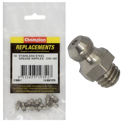 Champion Grease Nipple Stainless 1/4in BSF Str 316/A4 -10pk