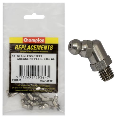 Champion Grease Nipple Stainless M6 x1.00 45Deg. 316/A4-10pk