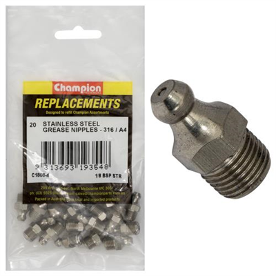 Champion Grease Nipple Stainless 1/8in BSP Str 316/A4 -20pk