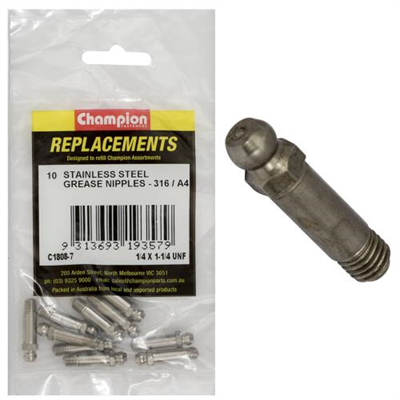 Champion Grease Nipple Stainless 1/4 x 1-1/4in 316/A4 - 10pk
