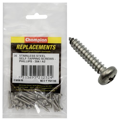 Champion 8G x1in S/Tapping Screw Pan Hd Phillips 304/A2-30pk