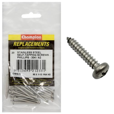 Champion 8G x 1-1/2in S/Tapping Screw Pan Hd PH 304/A2 -20pk