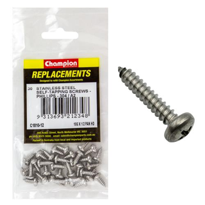 Champion 10G x 1/2in S/Tapping Screw Pan Hd Phillips 304/A2