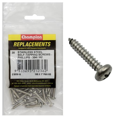 Champion 10Gx1in S/Tapping Screw Pan Hd Phillips 304/A2-30pk