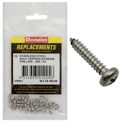 Champion 6G x 3/8 S/Tappg Screw Pan Hd Phillips 304/A2 -30pk