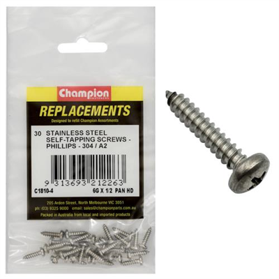 Champion 6G x 1/2 S/Tappg Screw Pan Hd Phillips 304/A2 -30pk