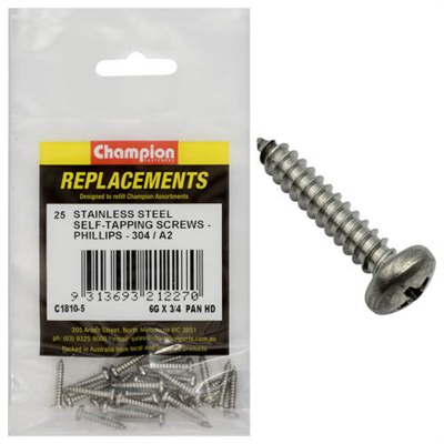 Champion 6G x 3/4 S/Tappg Screw Pan Hd Phillips 304/A2 -25pk
