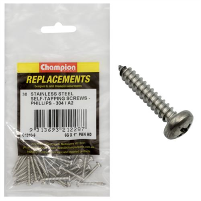 Champion 6G x1in S/Tapping Screw Pan Hd Phillips 304/A2-30pk