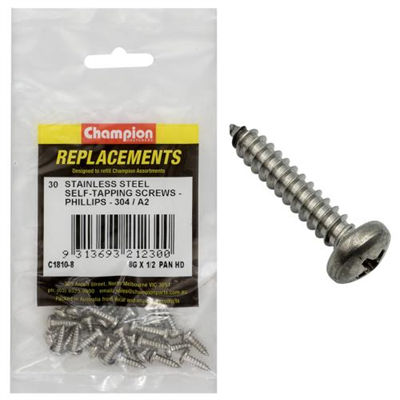 Champion 8G x 1/2 S/Tappg Screw Pan Hd Phillips 304/A2 -30pk