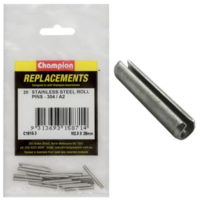 Champion 2.5mm x 26mm Stainless Roll Pin 304/A2 -20pk