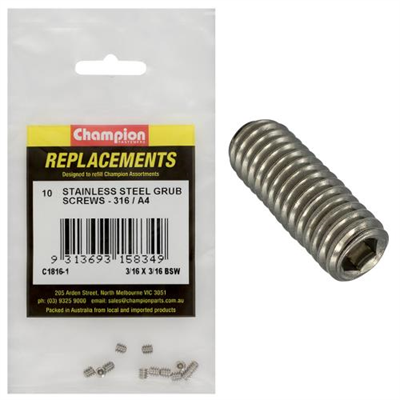 Champion 3/16in x 3/16in BSW Grub Screw 316/A4 -10pk