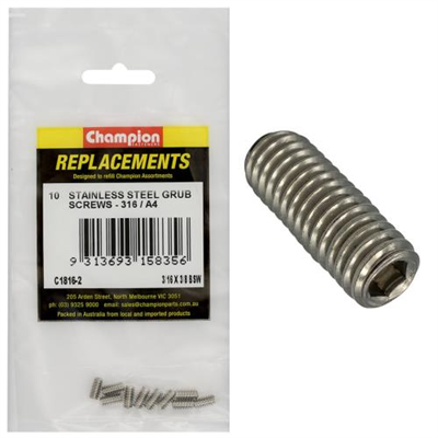 Champion 3/16in x 3/8in BSW Grub Screw 316/A4 -10pk