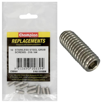 Champion 5/16in x 5/8in BSW Grub Screw 316/A4 -10pk