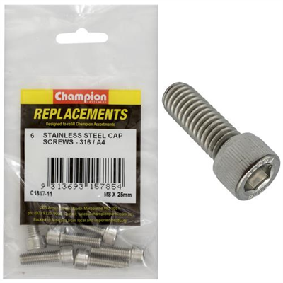 Champion M8 x 25mm Socket Cap Screw 316/A4 -6pk