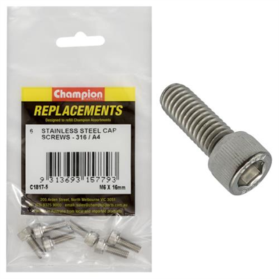 Champion M6 x 16mm Socket Cap Screw 316/A4 -6pk
