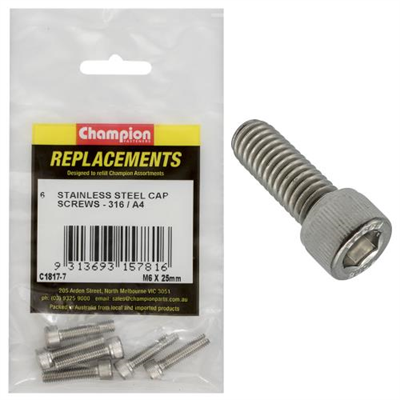 Champion M6 x 25mm Socket Cap Screw 316/A4 -6pk