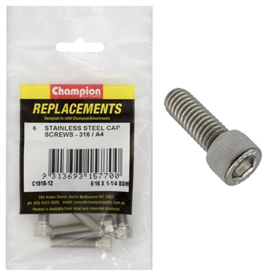 Champion 5/16in x 1-1/4in BSW Socket Cap Screw 316/A4 -6pk