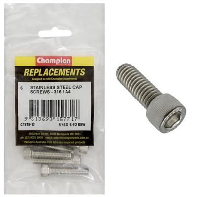 Champion 5/16in x 1-1/2in BSW Socket Cap Screw 316/A4 -6pk