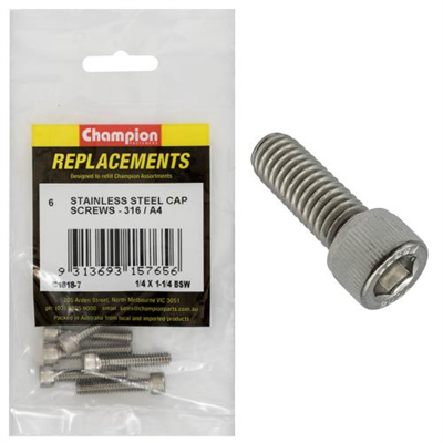 Champion 1/4in x 1-1/4in BSW Socket Cap Screw 316/A4 -6pk